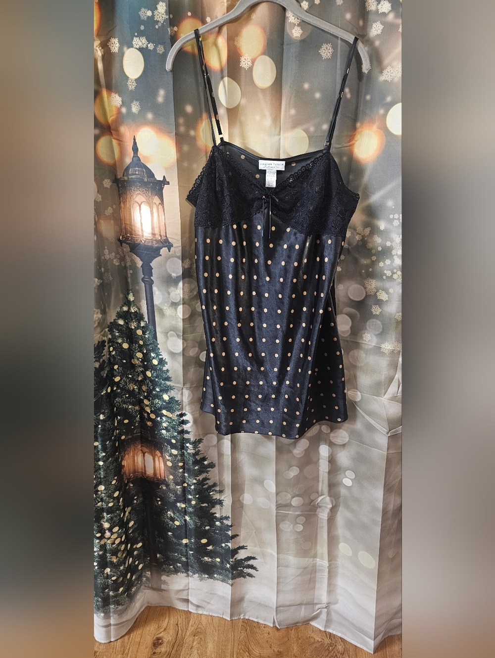 Vintage Morgan Taylor Black Satin Slip with Gold Polka Dots